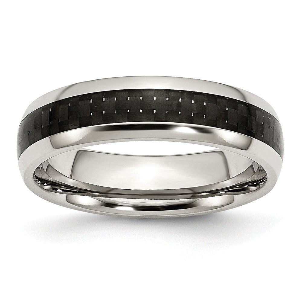 6mm Stainless Steel and Black Carbon Fiber Domed Band, Item R10391 by The Black Bow Jewelry Co.