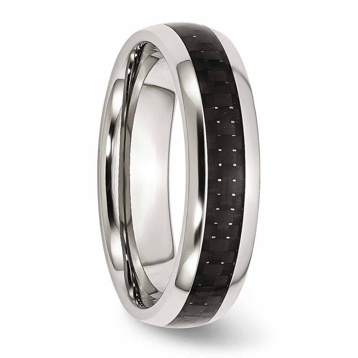 Alternate view of the 6mm Stainless Steel and Black Carbon Fiber Domed Band by The Black Bow Jewelry Co.