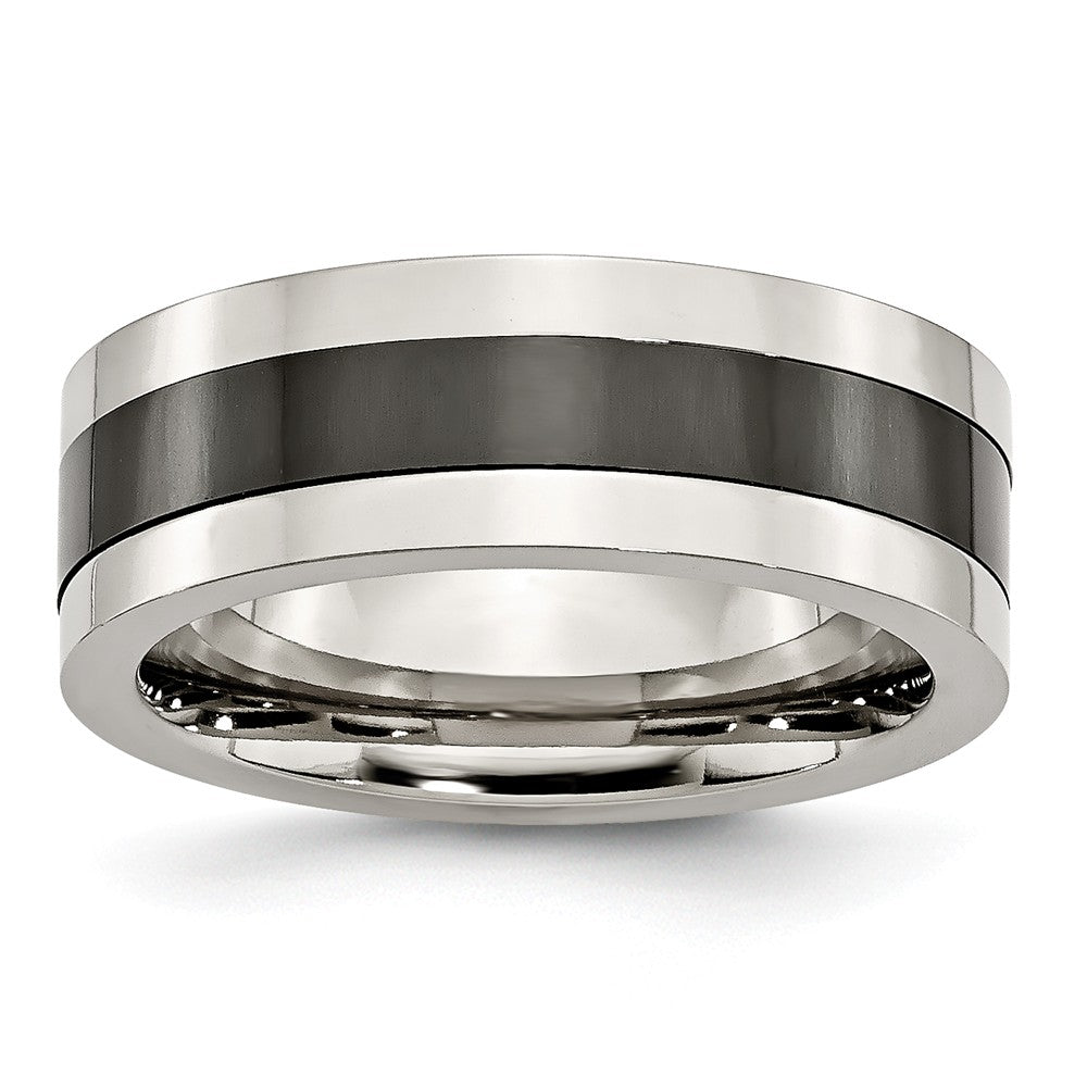 8mm Polished Stainless Steel and Black Ceramic Flat Band, Item R10393 by The Black Bow Jewelry Co.