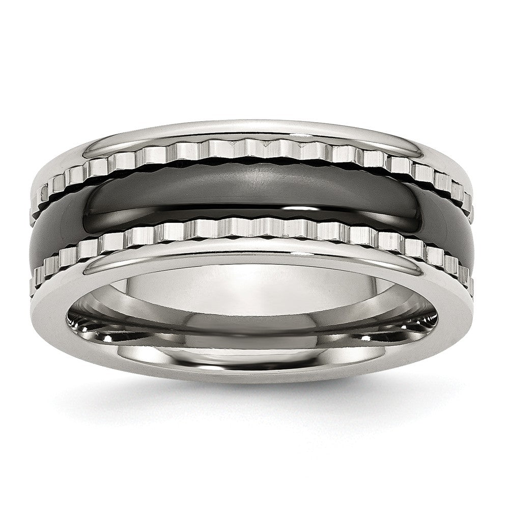 8mm Sawtooth Accent Stainless Steel and Black Ceramic Band, Item R10395 by The Black Bow Jewelry Co.
