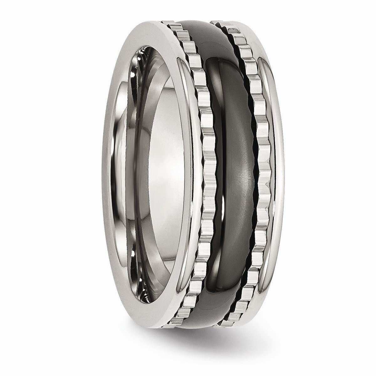 Alternate view of the 8mm Sawtooth Accent Stainless Steel and Black Ceramic Band by The Black Bow Jewelry Co.