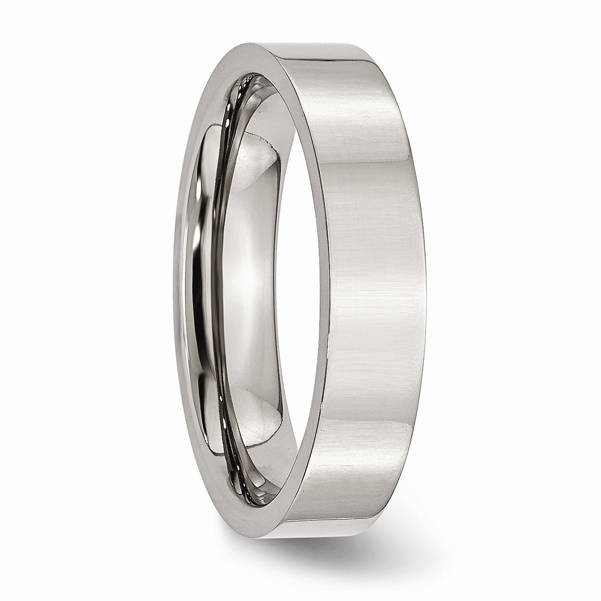 Alternate view of the 5mm Polished Stainless Steel Flat Comfort Fit Wedding Band by The Black Bow Jewelry Co.