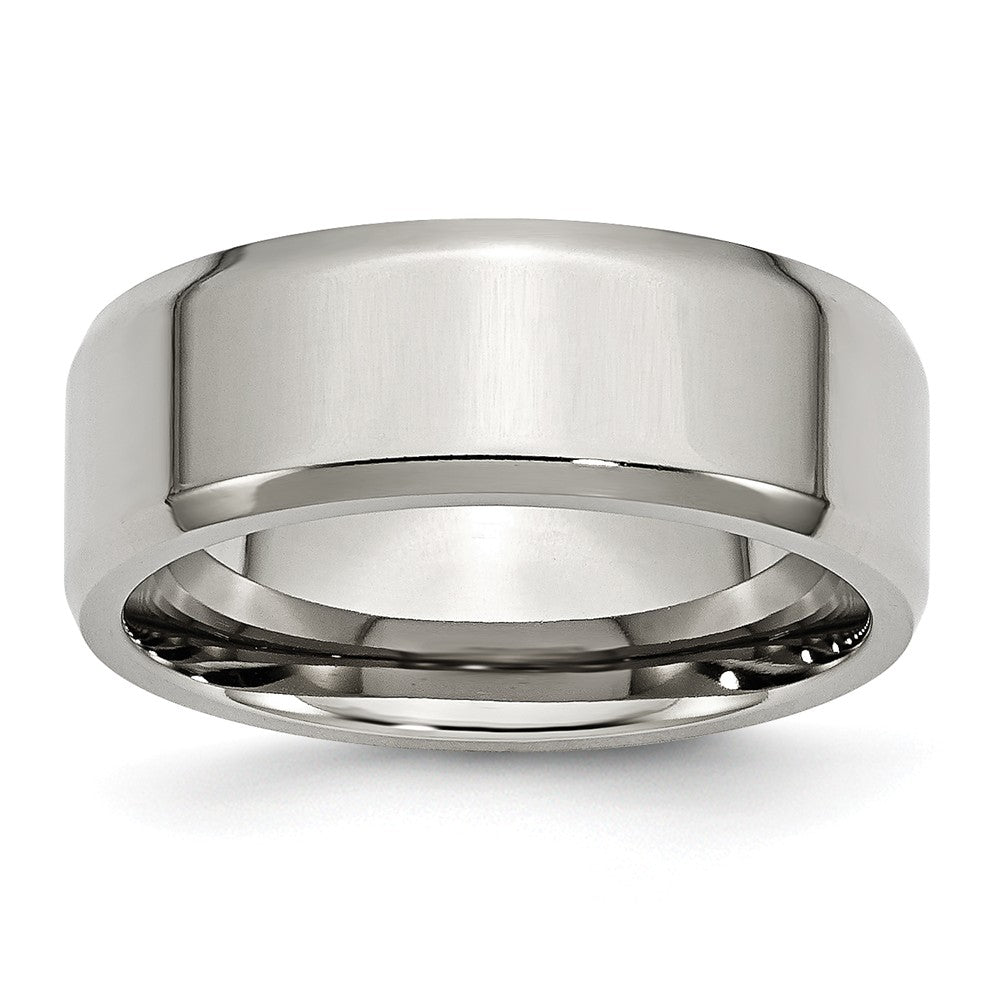 8mm Polished Beveled Edge Comfort Fit Stainless Steel Band, Item R10404 by The Black Bow Jewelry Co.
