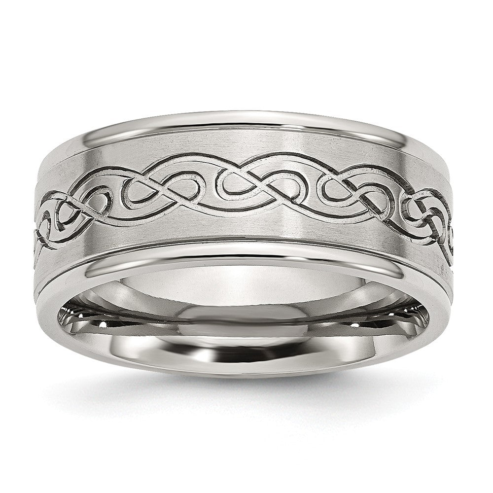 9mm Stainless Steel Scroll Design Ridged Edge Comfort Fit Band, Item R10409 by The Black Bow Jewelry Co.