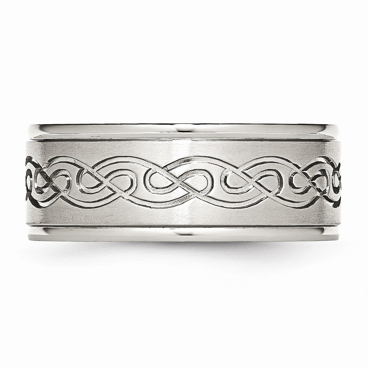 Alternate view of the 9mm Stainless Steel Scroll Design Ridged Edge Comfort Fit Band by The Black Bow Jewelry Co.