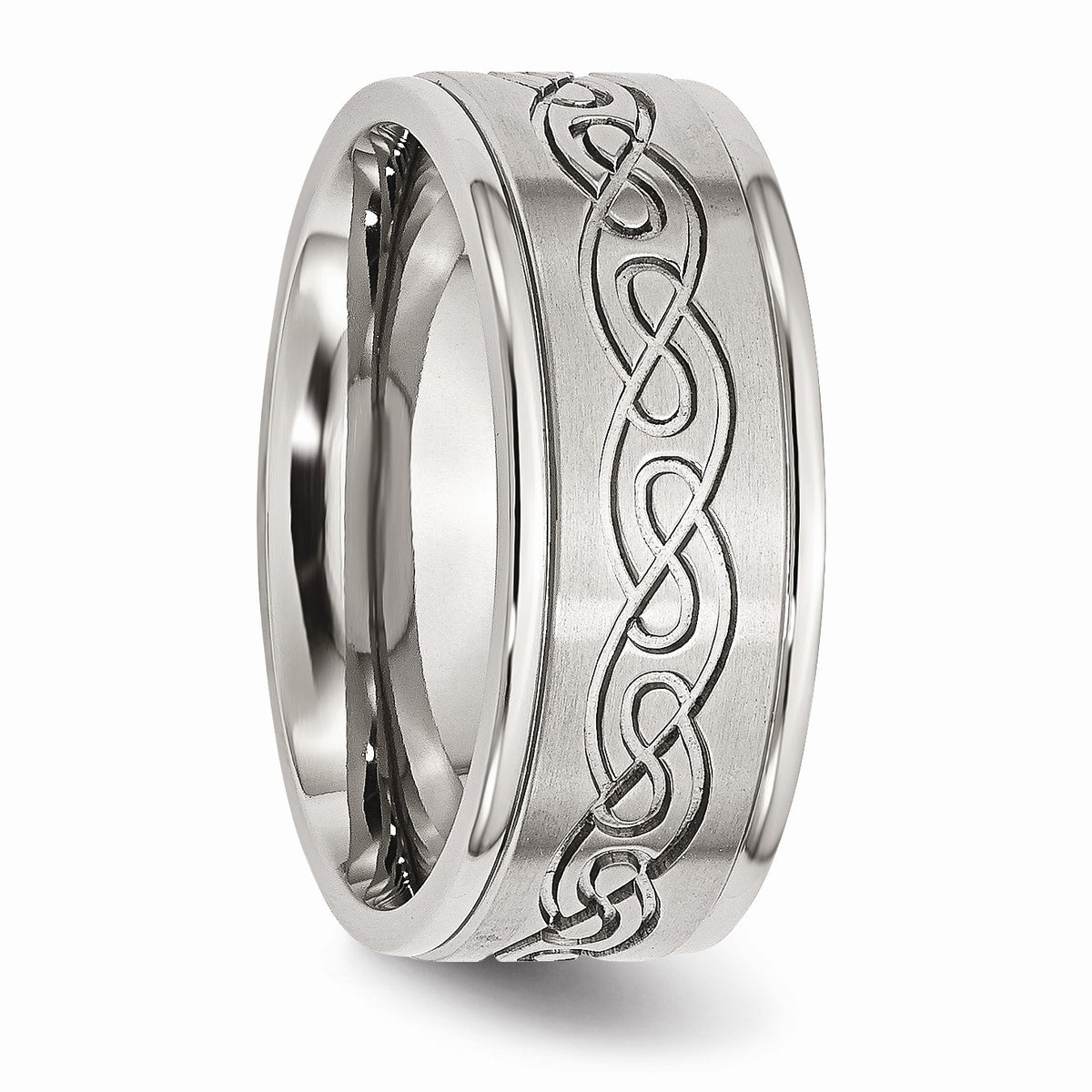 Alternate view of the 9mm Stainless Steel Scroll Design Ridged Edge Comfort Fit Band by The Black Bow Jewelry Co.