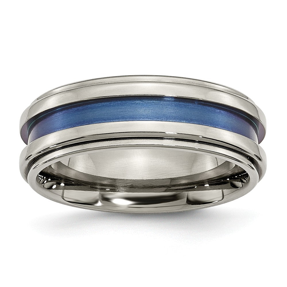 8mm Titanium Blue Groove Ridged Edge Polished Band, Item R10418 by The Black Bow Jewelry Co.