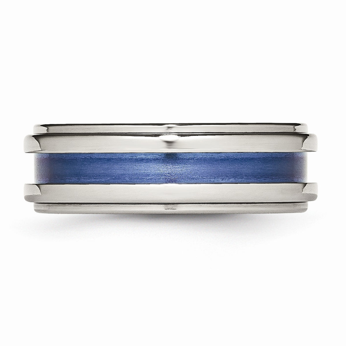 Alternate view of the 8mm Titanium Blue Groove Ridged Edge Polished Band by The Black Bow Jewelry Co.