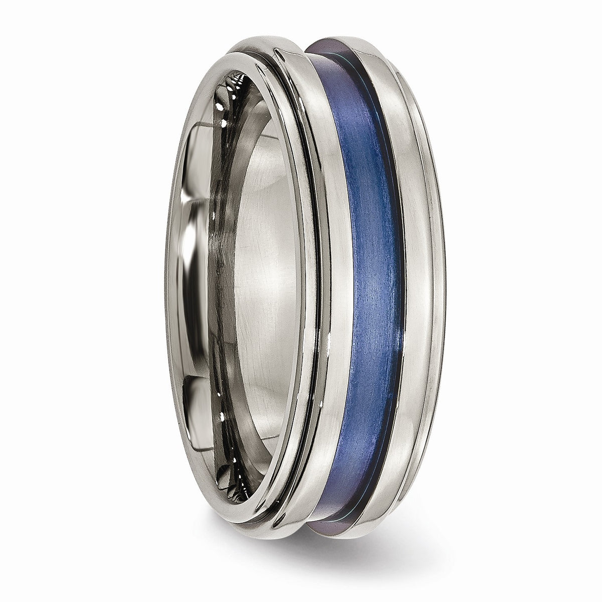 Alternate view of the 8mm Titanium Blue Groove Ridged Edge Polished Band by The Black Bow Jewelry Co.