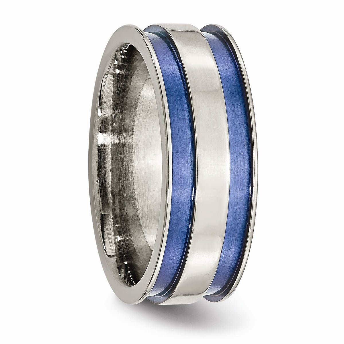 Alternate view of the 8.5mm Titanium Blue Double Grooved Polished Band by The Black Bow Jewelry Co.
