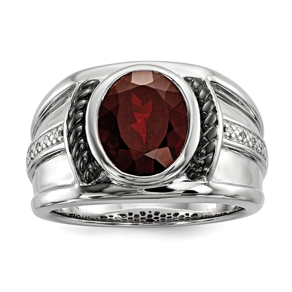 Mens Two Tone Sterling Silver, Oval Garnet &amp; Diamond Wide Tapered Ring, Item R10617 by The Black Bow Jewelry Co.