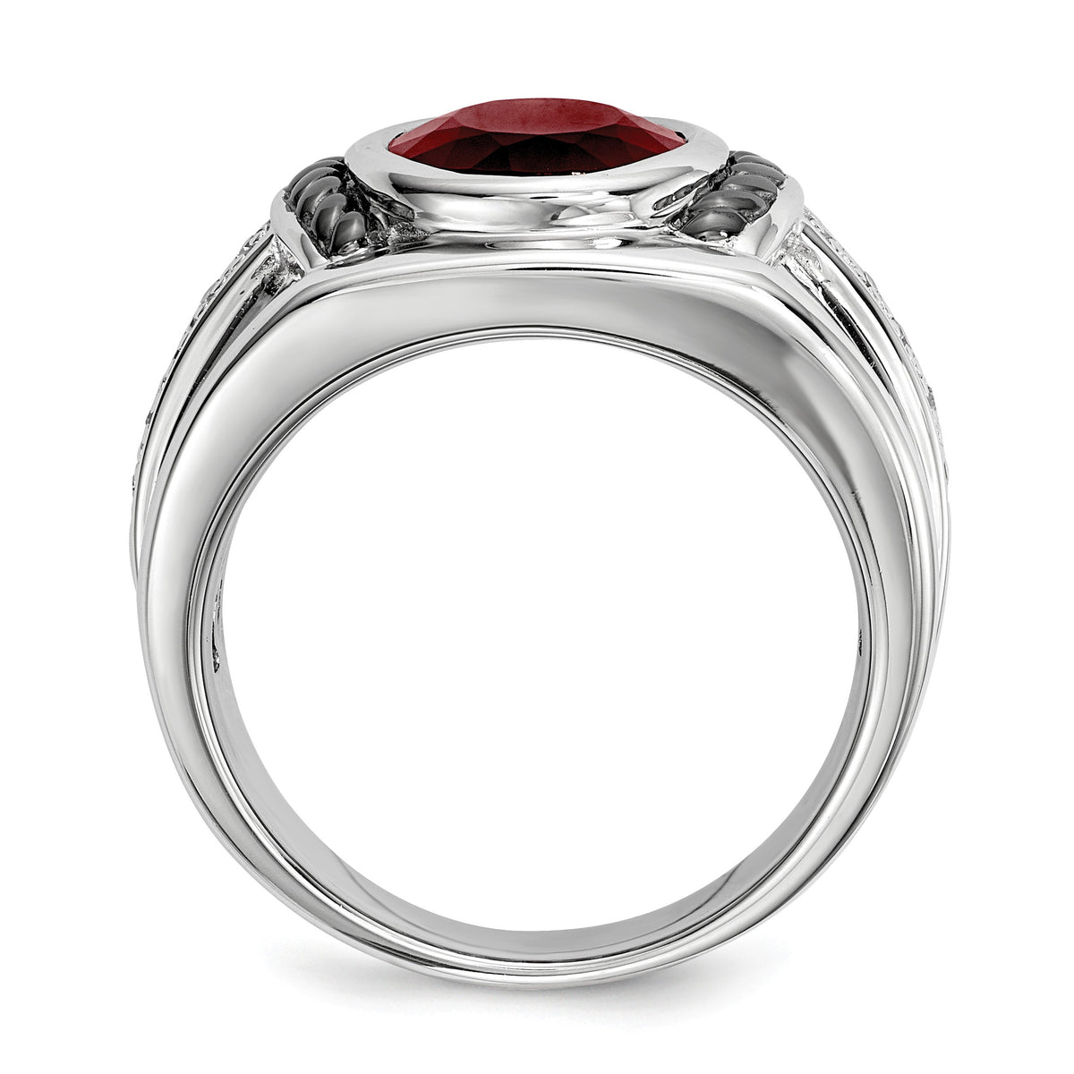 Alternate view of the Mens Two Tone Sterling Silver, Oval Garnet &amp; Diamond Wide Tapered Ring by The Black Bow Jewelry Co.