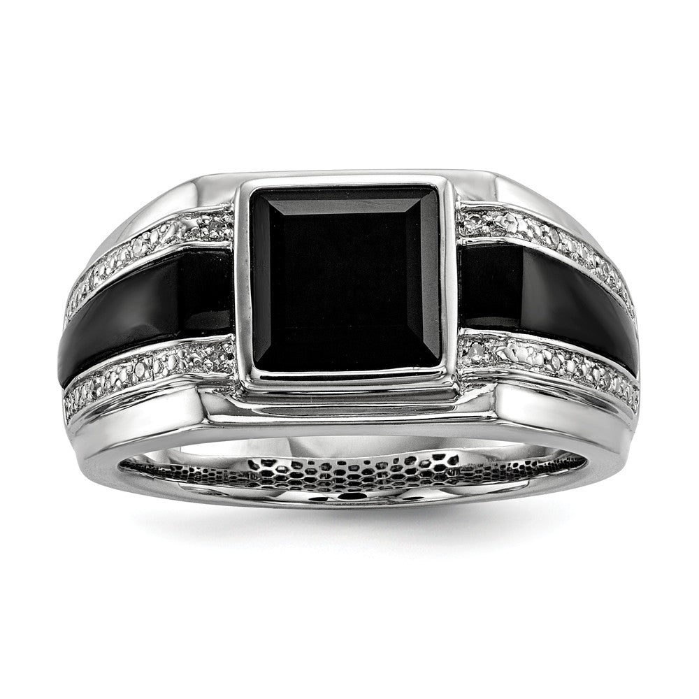 Mens White Diamond &amp; Black Onyx 11.5mm Tapered Band in Sterling Silver, Item R10624 by The Black Bow Jewelry Co.