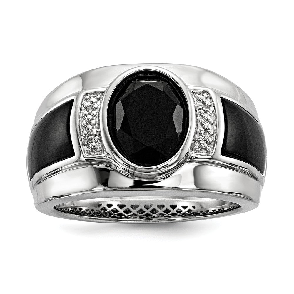 Diamond &amp; Oval Black Onyx 13mm Tapered Ring in Sterling Silver, Item R10629 by The Black Bow Jewelry Co.