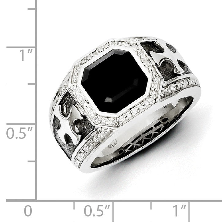 Alternate view of the Black Onyx &amp; Diamond Octagon &amp; Cross Tapered Ring in Sterling Silver by The Black Bow Jewelry Co.