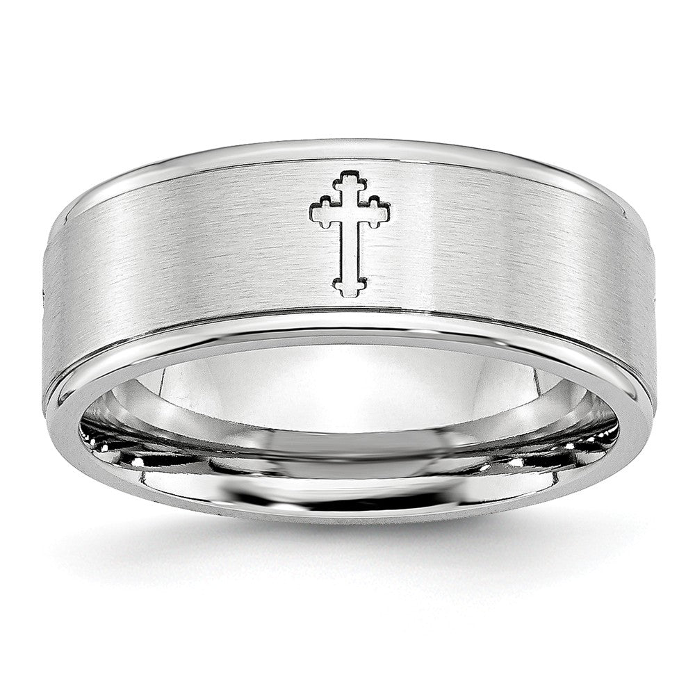 8mm Cobalt Budded Cross Ridged Edge Comfort Fit Band, Item R10649 by The Black Bow Jewelry Co.