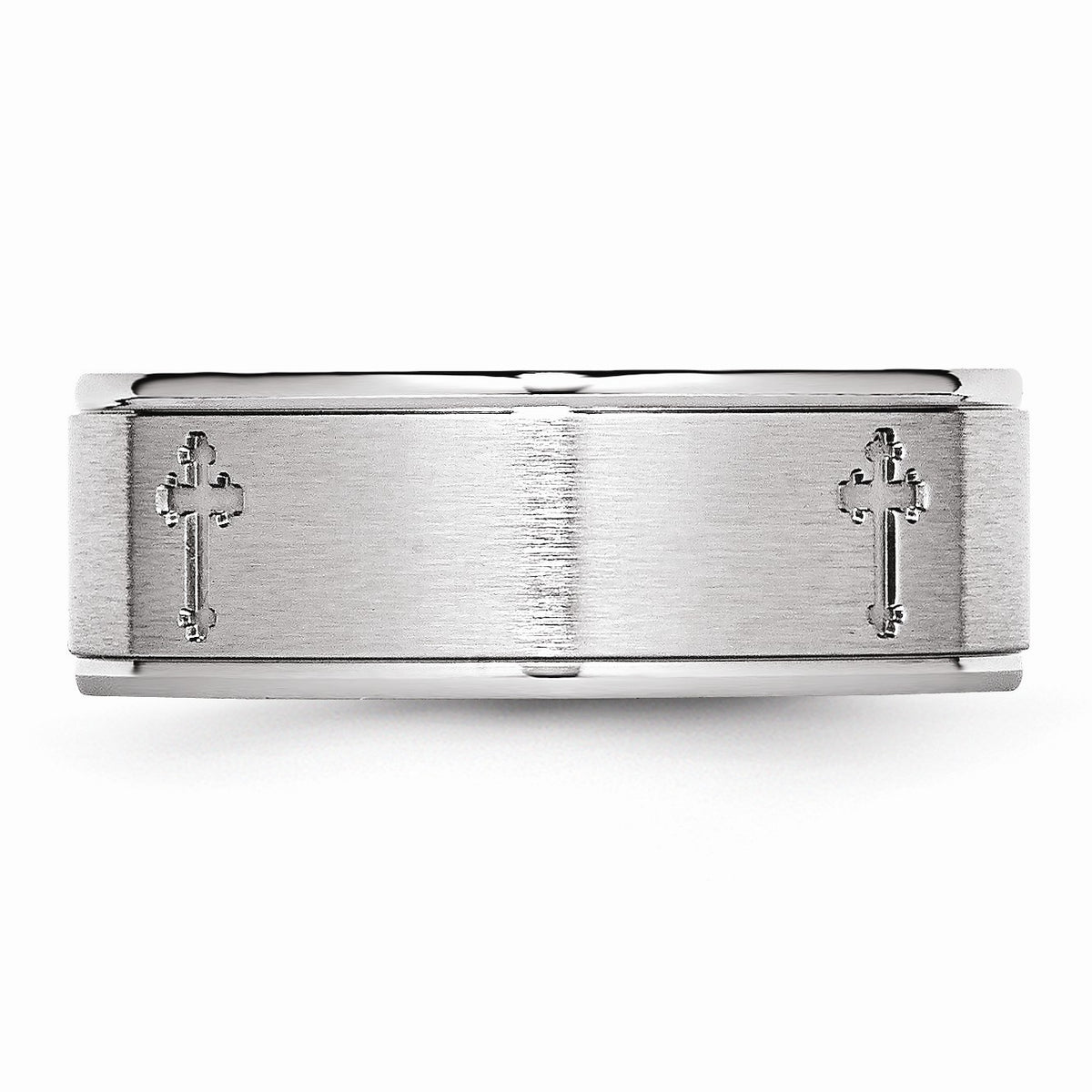 Alternate view of the 8mm Cobalt Budded Cross Ridged Edge Comfort Fit Band by The Black Bow Jewelry Co.