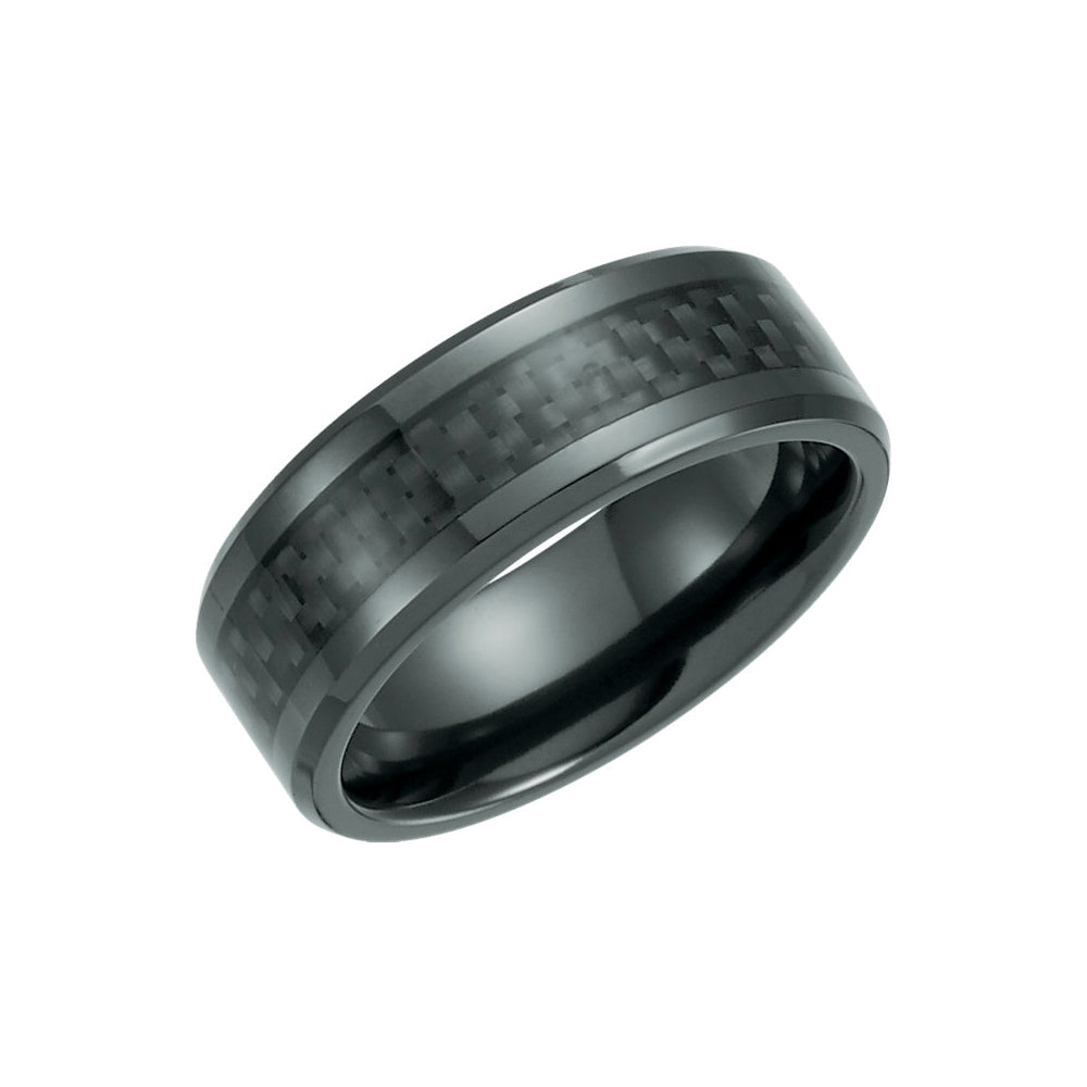 8mm Black Titanium &amp; Black Carbon Fiber Beveled Comfort Fit Band, Item R10654 by The Black Bow Jewelry Co.