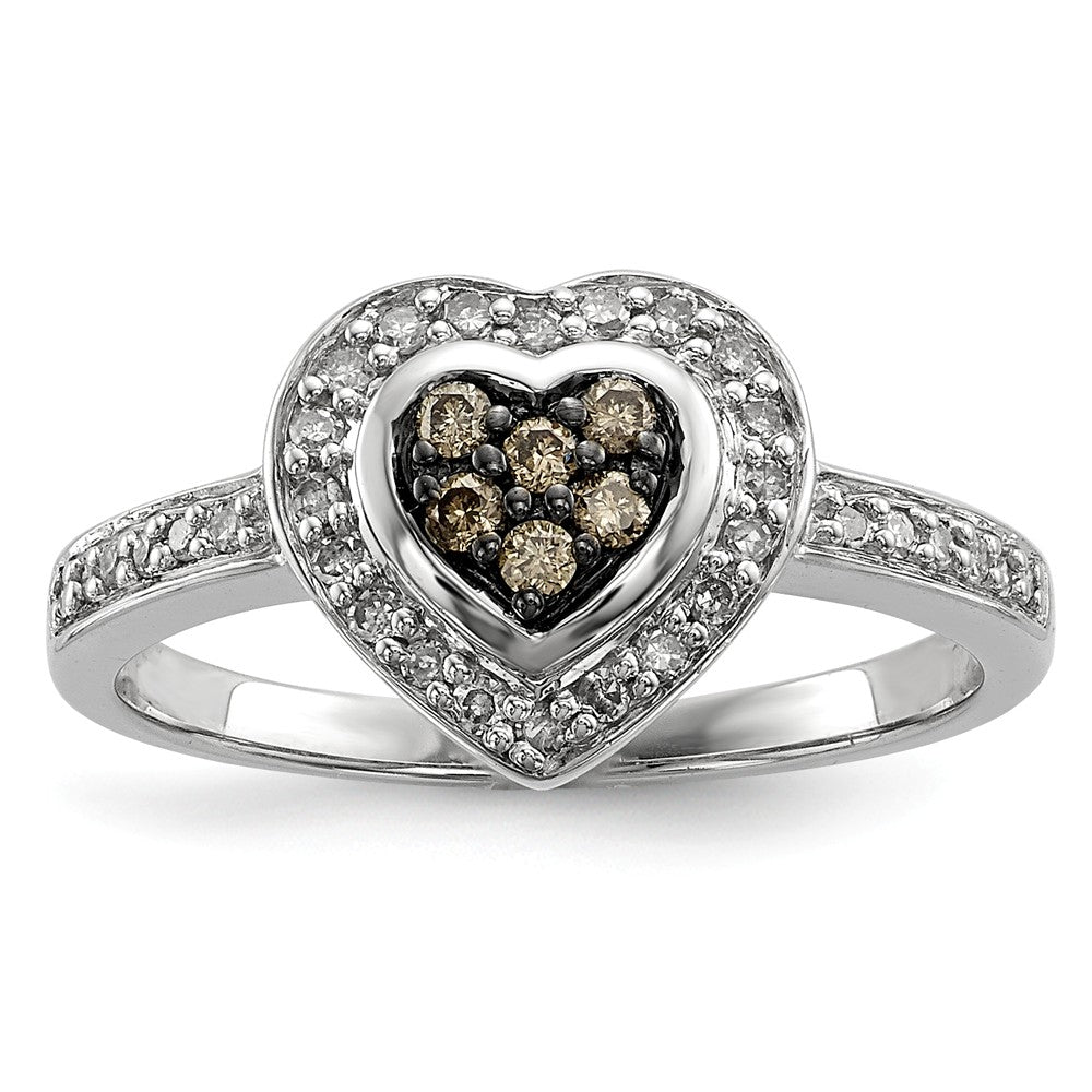 1/4 Ctw Champagne & White Diamond 10mm Heart Ring in Sterling Silver, Item R10660 by The Black Bow Jewelry Co.