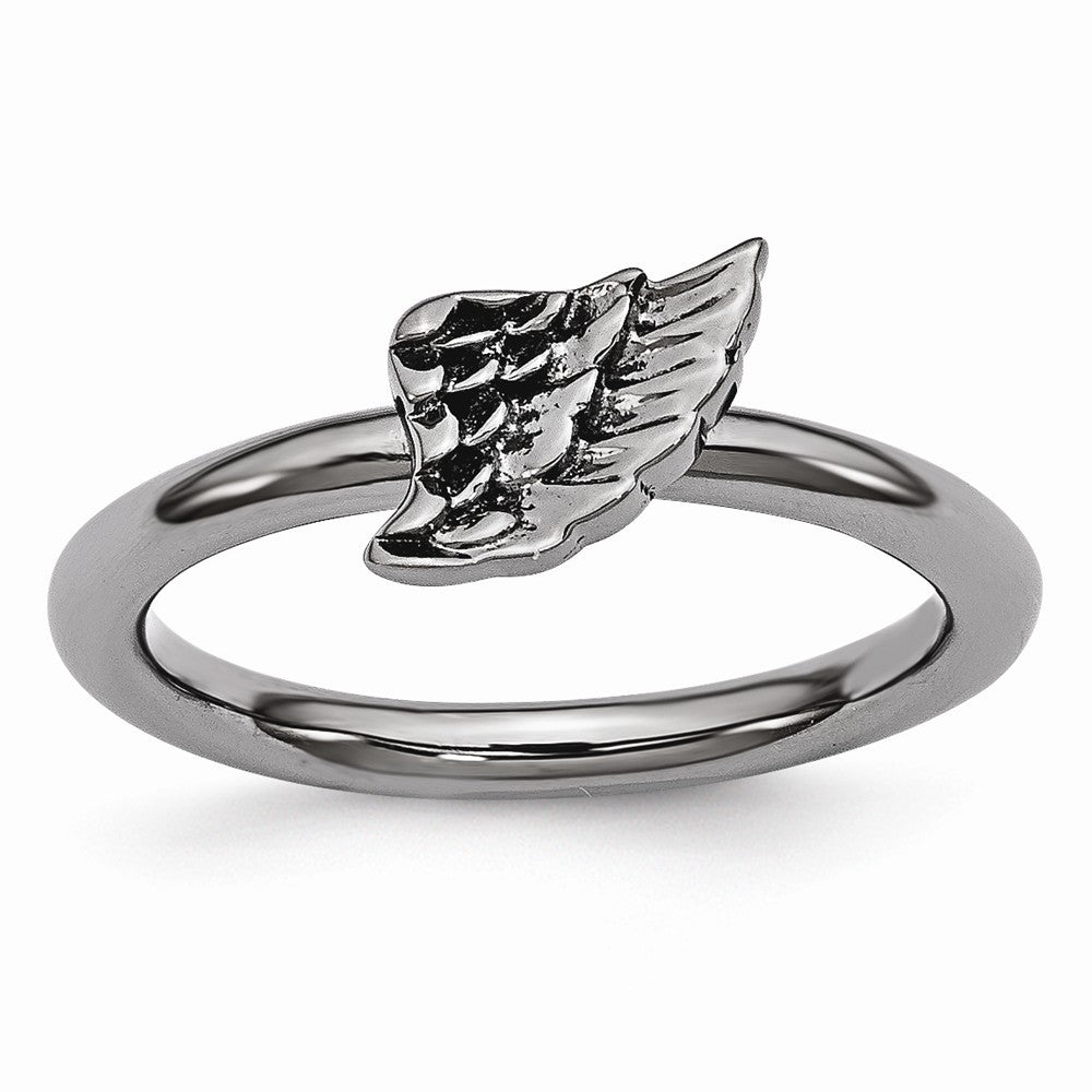 Black Plated Sterling Silver Stackable 6mm Angel Wing Ring, Item R10918 by The Black Bow Jewelry Co.