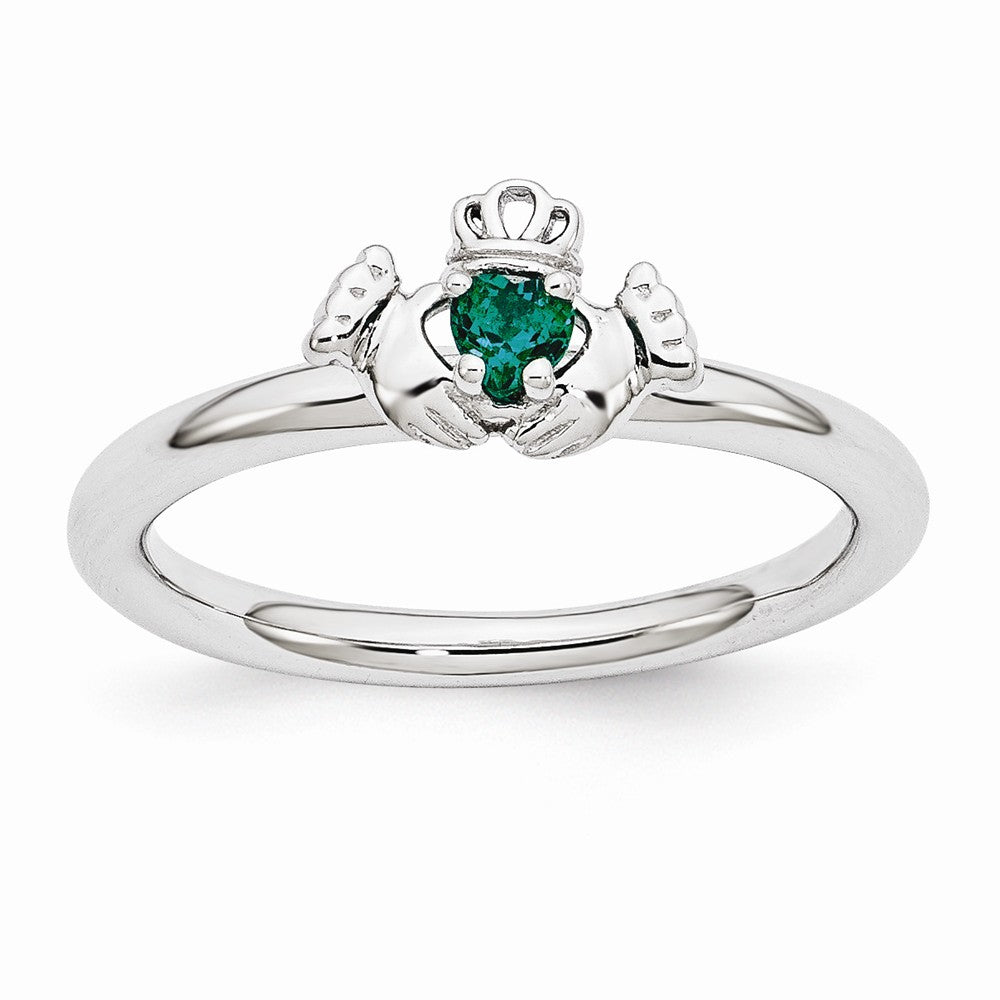 Rhodium Sterling Silver Stackable Created Emerald Claddagh Ring, Item R10953 by The Black Bow Jewelry Co.