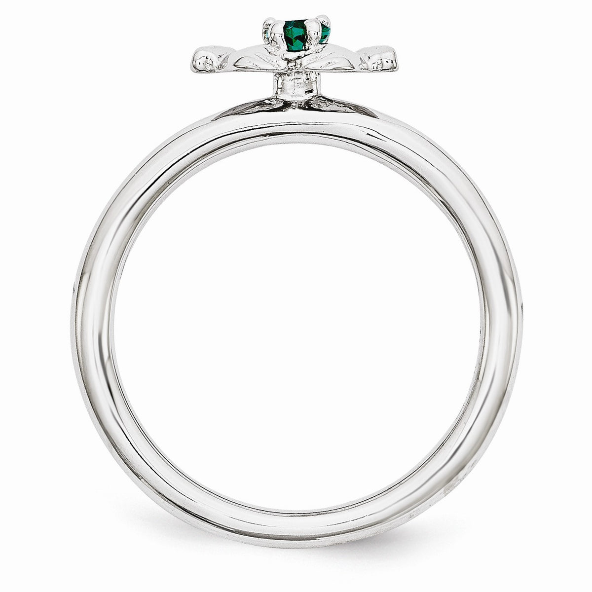 Alternate view of the Rhodium Sterling Silver Stackable Created Emerald Claddagh Ring by The Black Bow Jewelry Co.