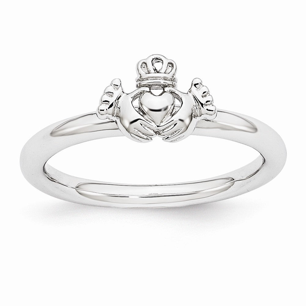 Rhodium Plated Sterling Silver Stackable Polished Claddagh Ring, Item R10954 by The Black Bow Jewelry Co.