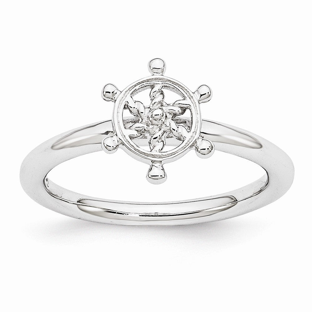Rhodium Plated Sterling Silver Stackable 9mm Ship&#39;s Wheel Ring, Item R10956 by The Black Bow Jewelry Co.