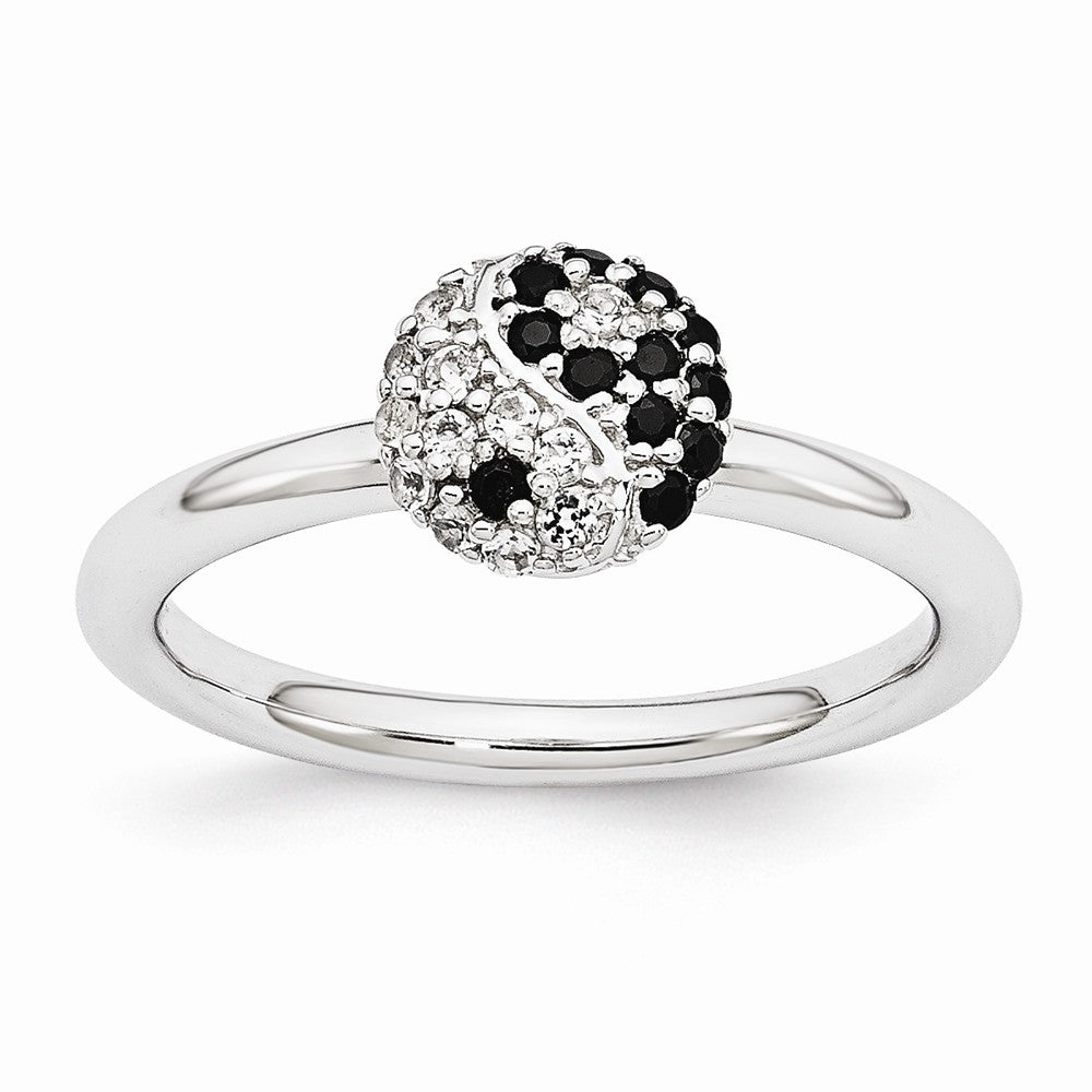 Rhodium Sterling Silver Stackable White Topaz &amp; Onyx 8mm Yin Yang Ring, Item R10959 by The Black Bow Jewelry Co.