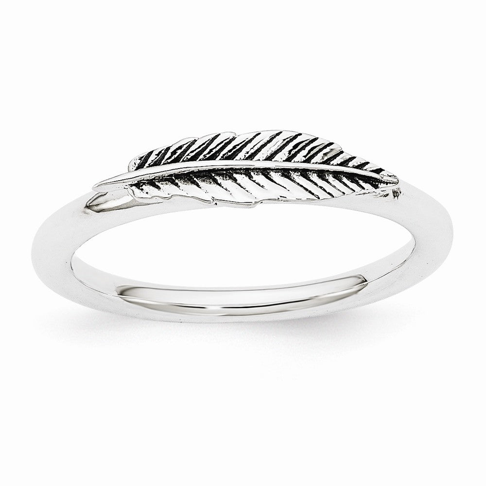 Rhodium Plated Sterling Silver Stackable 4mm Antiqued Feather Ring, Item R10961 by The Black Bow Jewelry Co.