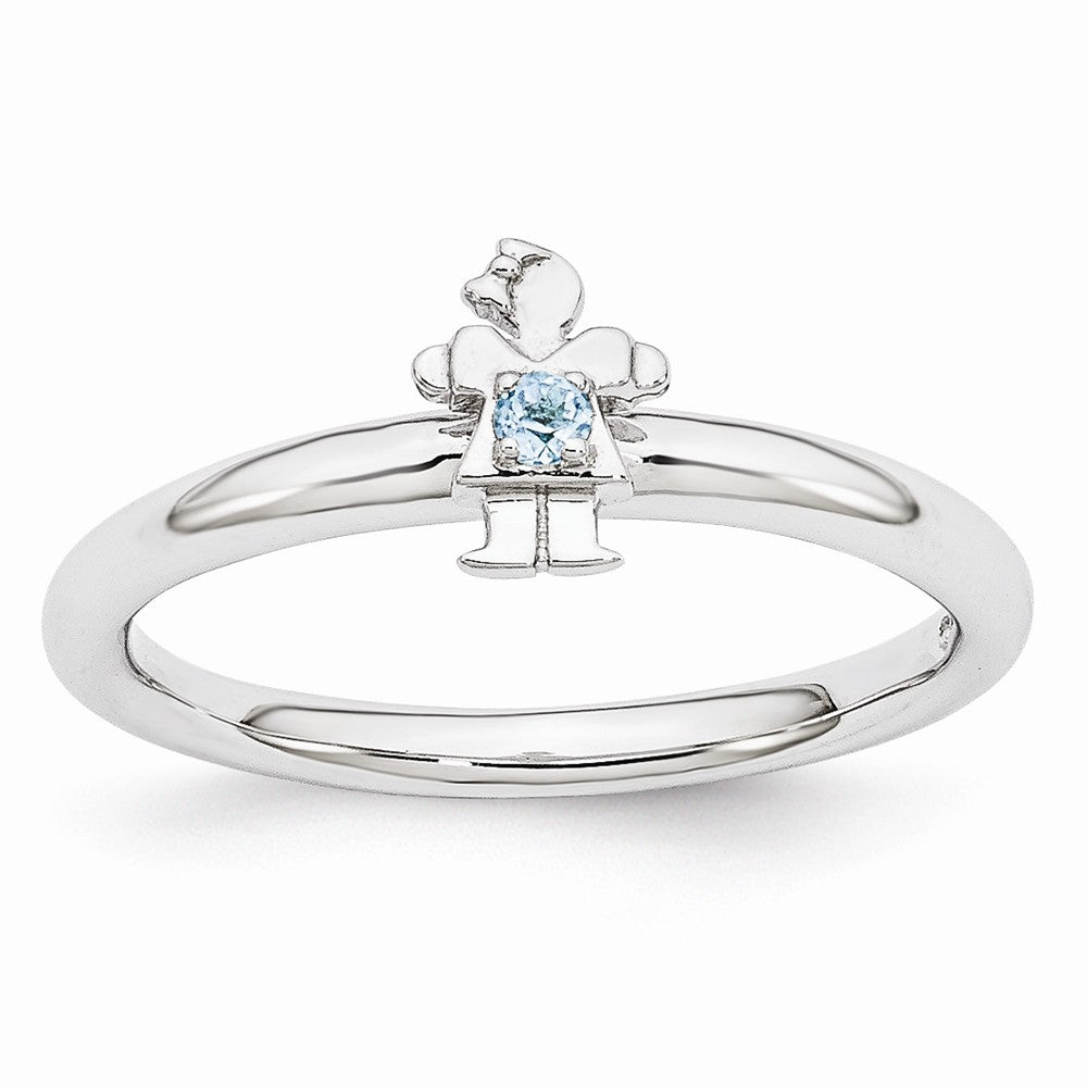 Rhodium Plated Sterling Silver Stackable Blue Topaz 7mm Girl Ring, Item R10966 by The Black Bow Jewelry Co.