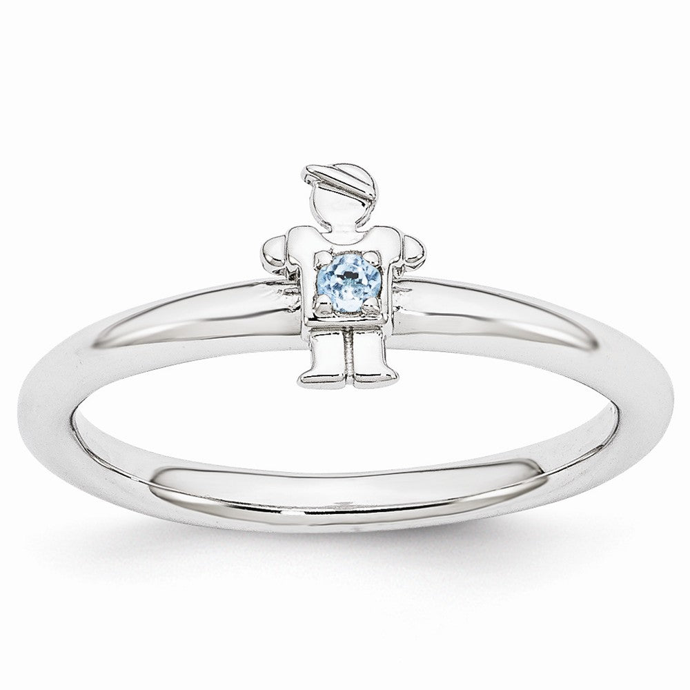 Rhodium Plated Sterling Silver Stackable Blue Topaz 7mm Boy Ring, Item R10967 by The Black Bow Jewelry Co.