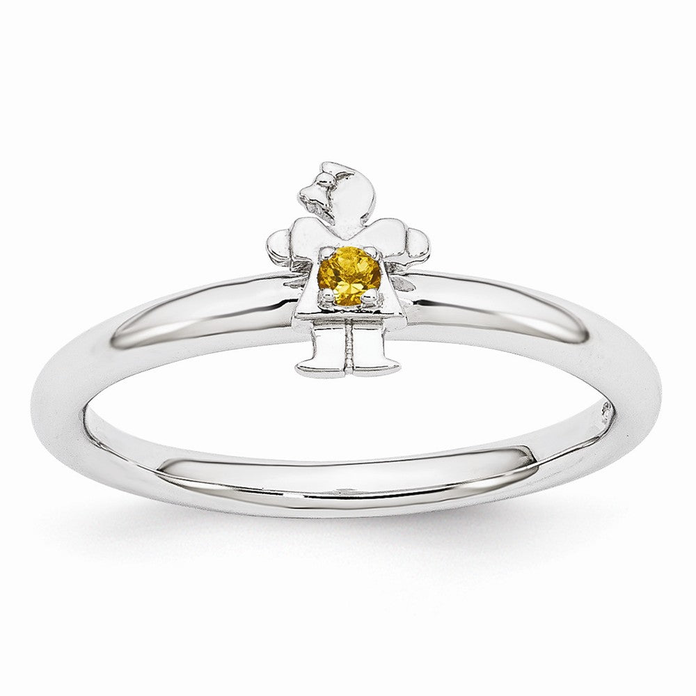 Rhodium Plated Sterling Silver Stackable Citrine 7mm Girl Ring, Item R10968 by The Black Bow Jewelry Co.