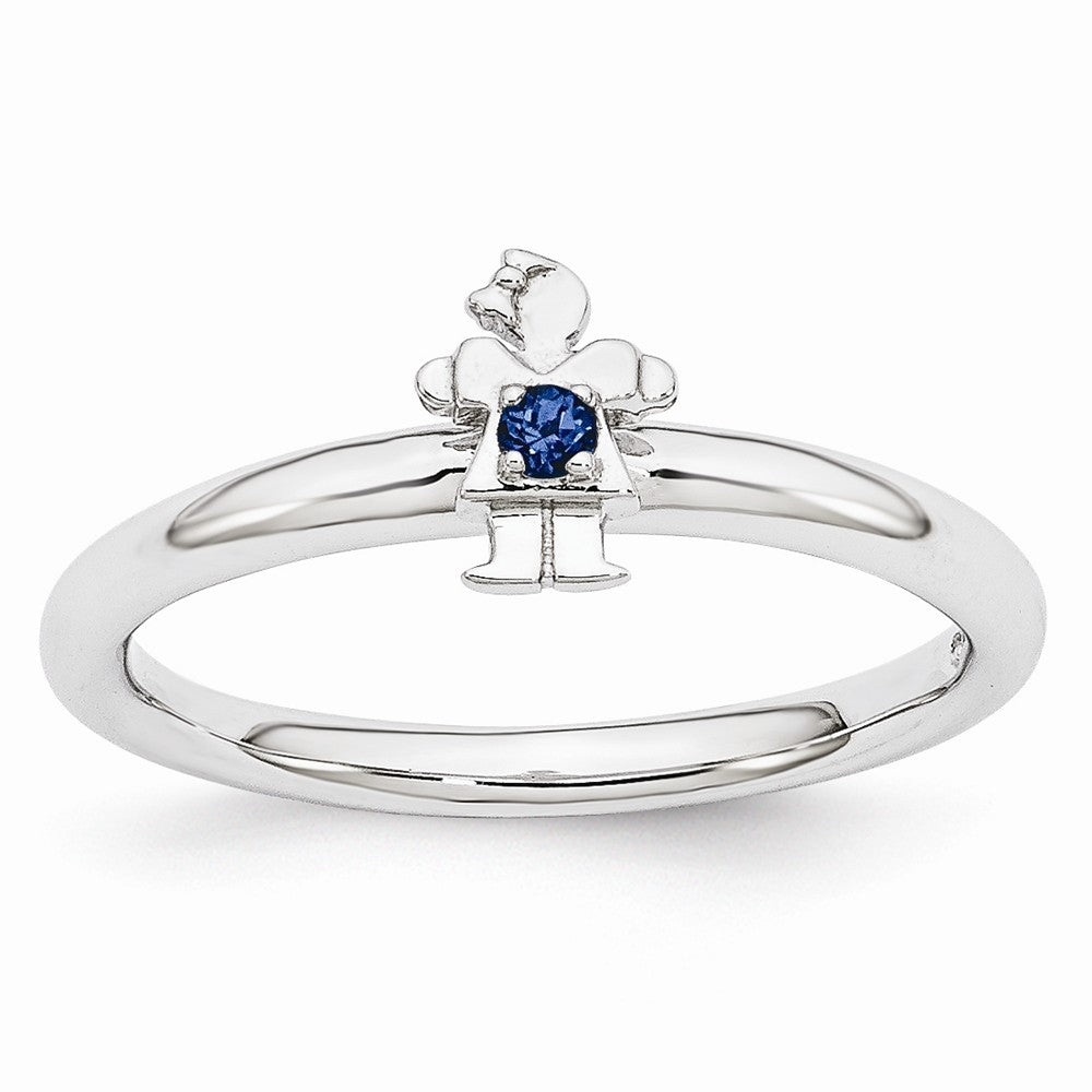 Rhodium Plate Sterling Silver Stackable Created Sapphire 7mm Girl Ring, Item R10972 by The Black Bow Jewelry Co.