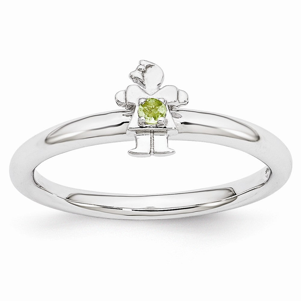 Rhodium Plated Sterling Silver Stackable Peridot 7mm Girl Ring, Item R10974 by The Black Bow Jewelry Co.