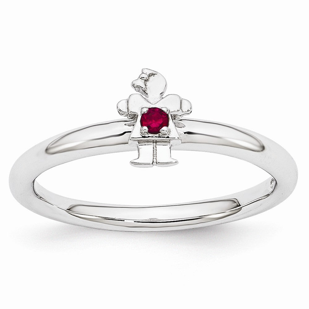 Rhodium Plated Sterling Silver Stackable Created Ruby 7mm Girl Ring, Item R10976 by The Black Bow Jewelry Co.