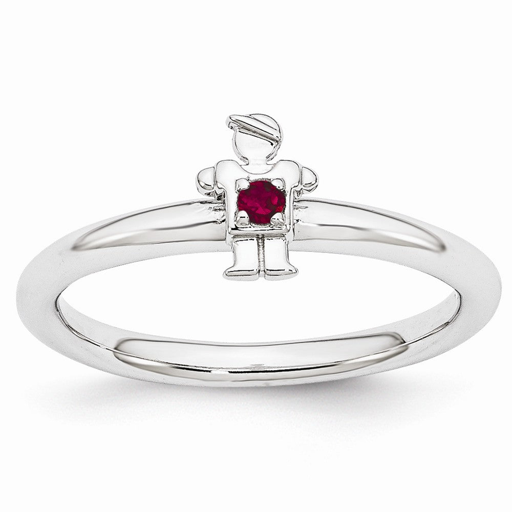 Rhodium Plated Sterling Silver Stackable Created Ruby 7mm Boy Ring, Item R10977 by The Black Bow Jewelry Co.