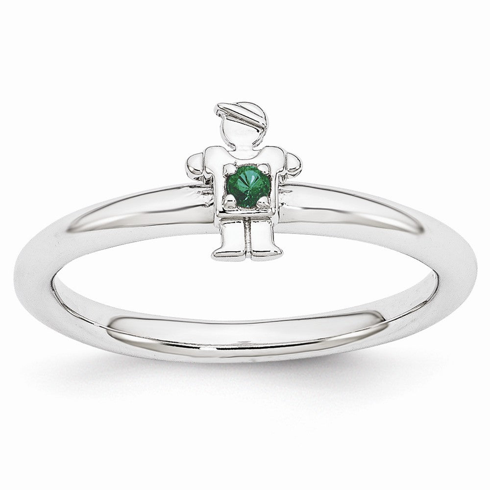 Rhodium Plated Sterling Silver Stackable Created Emerald 7mm Boy Ring, Item R10981 by The Black Bow Jewelry Co.