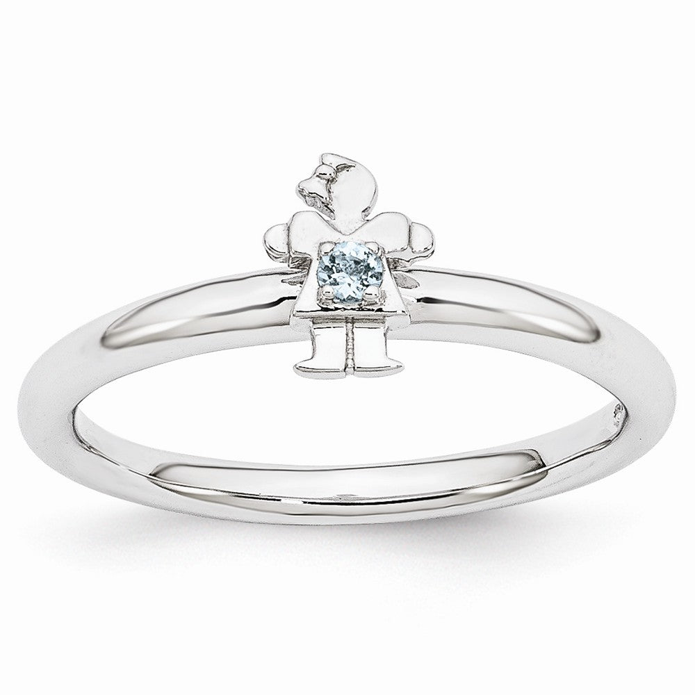 Rhodium Plated Sterling Silver Stackable Aquamarine 7mm Girl Ring, Item R10984 by The Black Bow Jewelry Co.
