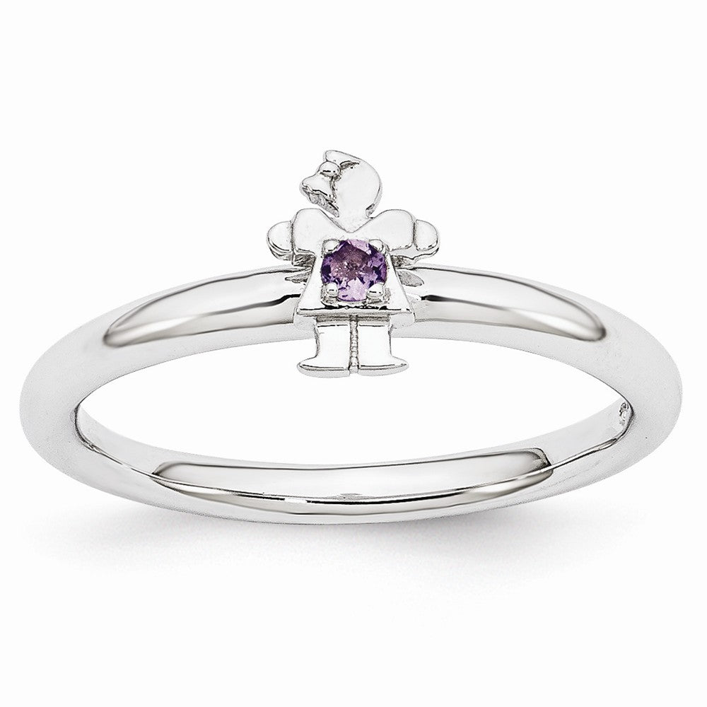 Rhodium Plated Sterling Silver Stackable Amethyst 7mm Girl Ring, Item R10986 by The Black Bow Jewelry Co.