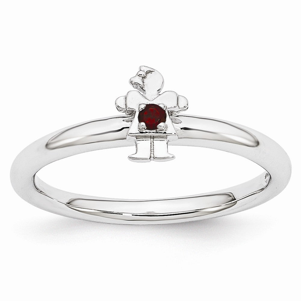 Rhodium Plated Sterling Silver Stackable Garnet 7mm Girl Ring, Item R10988 by The Black Bow Jewelry Co.