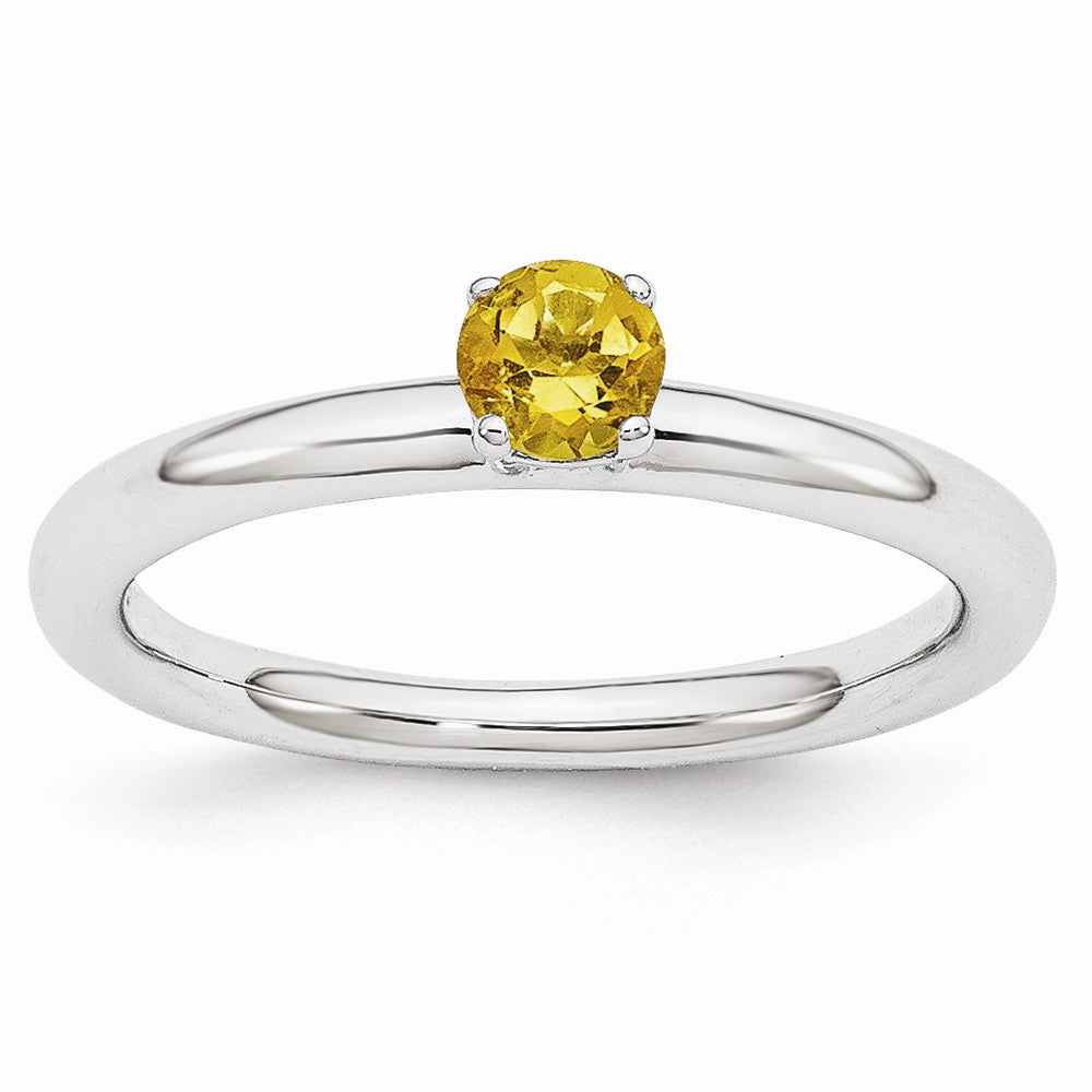 Rhodium Plated Sterling Silver Stackable 4mm Round Citrine Ring, Item R10991 by The Black Bow Jewelry Co.
