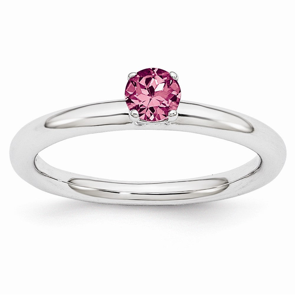 Rhodium Plated Sterling Silver Stackable 4mm Pink Tourmaline Ring