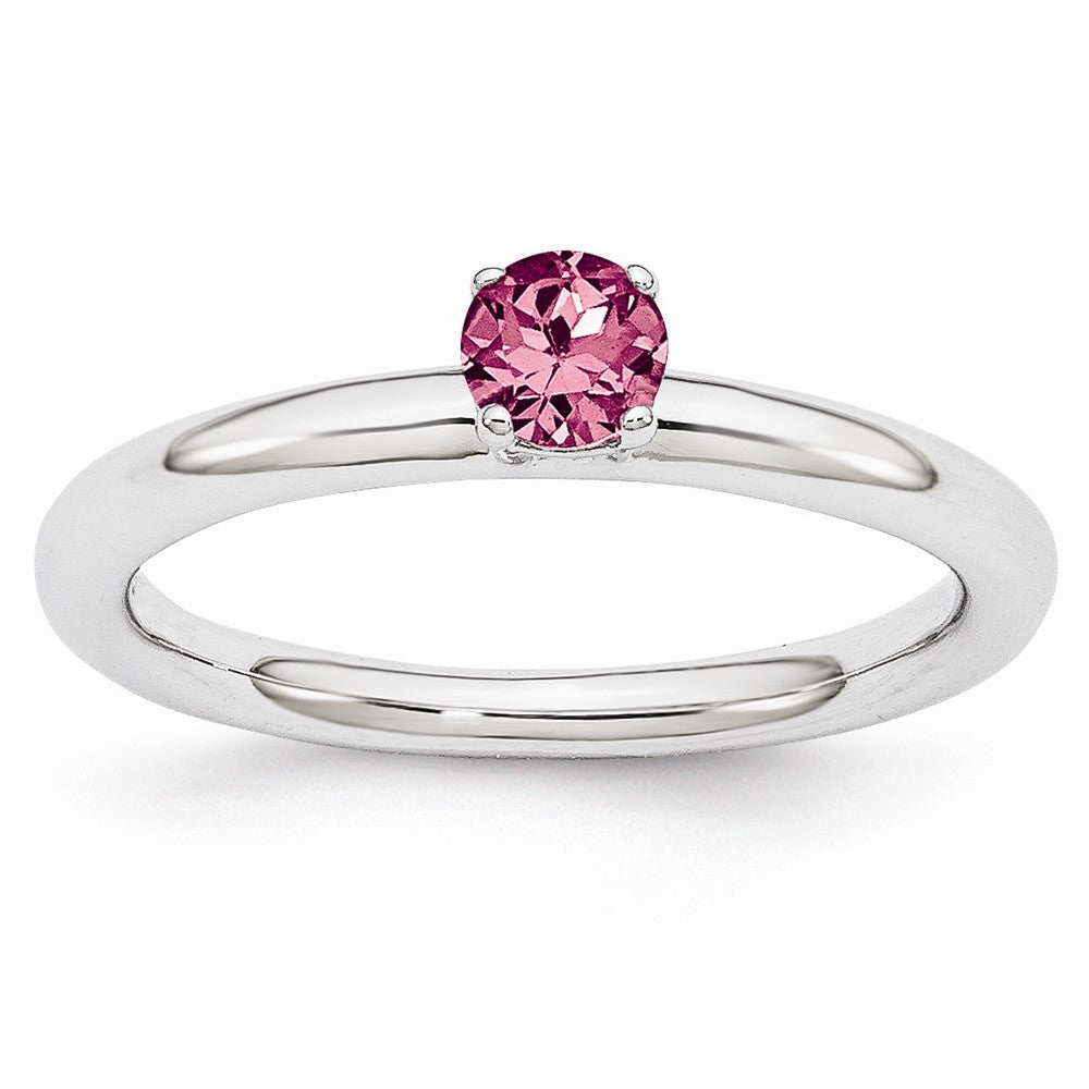 Rhodium Plated Sterling Silver Stackable 4mm Pink Tourmaline Ring, Item R10992 by The Black Bow Jewelry Co.