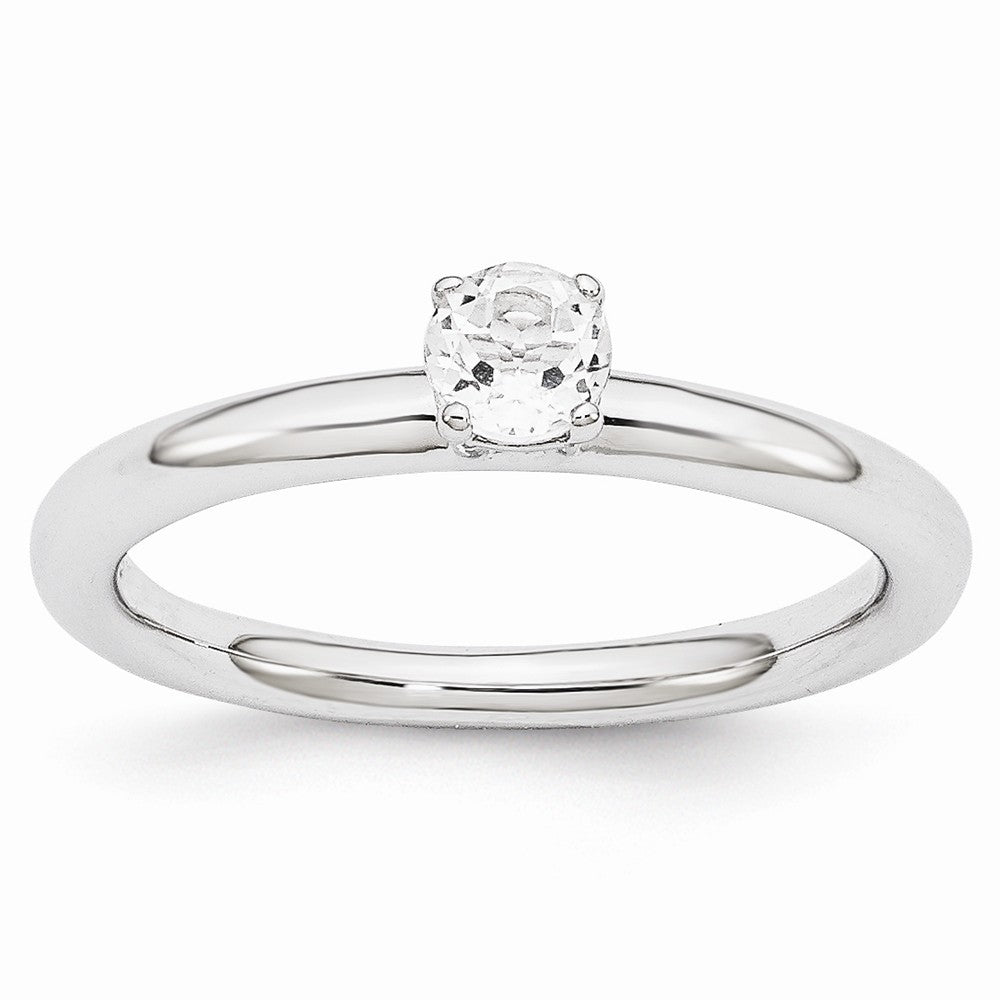 Rhodium Plated Sterling Silver Stackable 4mm Round White Topaz Ring, Item R10998 by The Black Bow Jewelry Co.