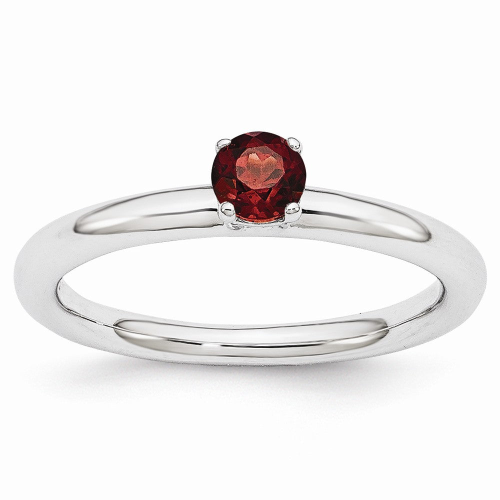 Rhodium Plated Sterling Silver Stackable 4mm Round Garnet Ring, Item R11001 by The Black Bow Jewelry Co.