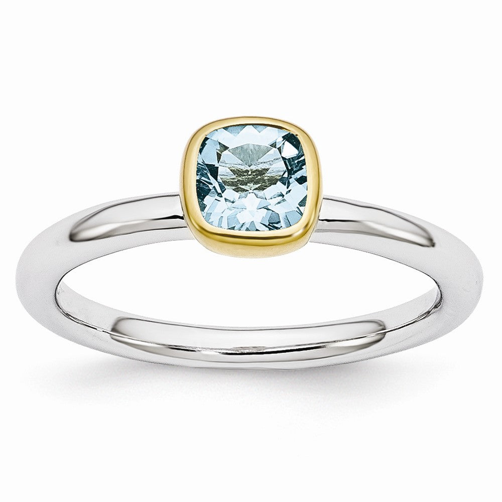 Two Tone Sterling Silver Stackable 5mm Cushion Blue Topaz Ring, Item R11002 by The Black Bow Jewelry Co.