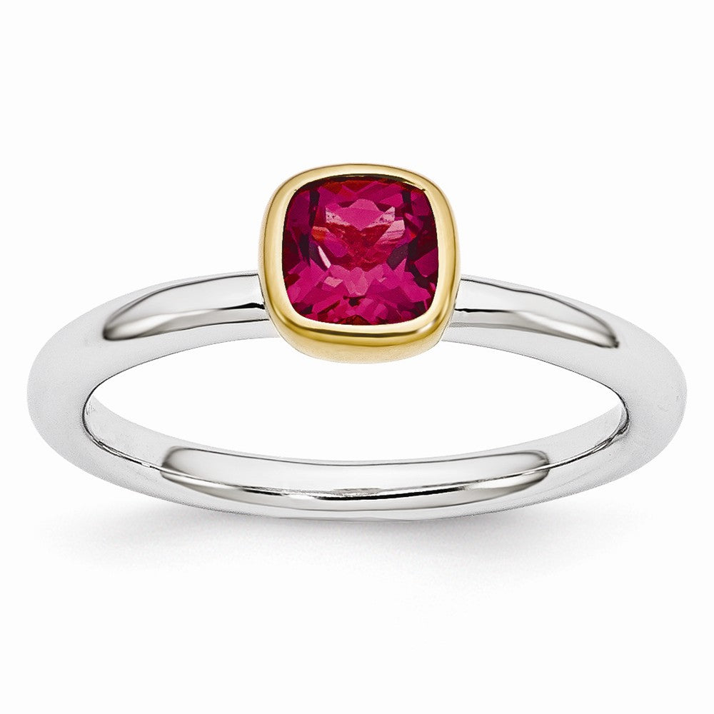 Two Tone Sterling Silver Stackable 5mm Cushion Created Ruby Ring, Item R11007 by The Black Bow Jewelry Co.
