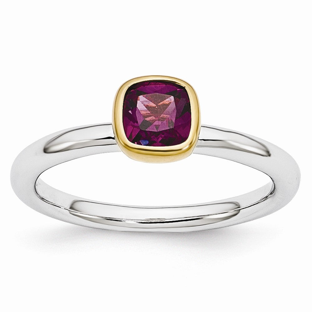 Two Tone Sterling Silver Stackable 5mm Cushion Rhodolite Garnet Ring, Item R11008 by The Black Bow Jewelry Co.