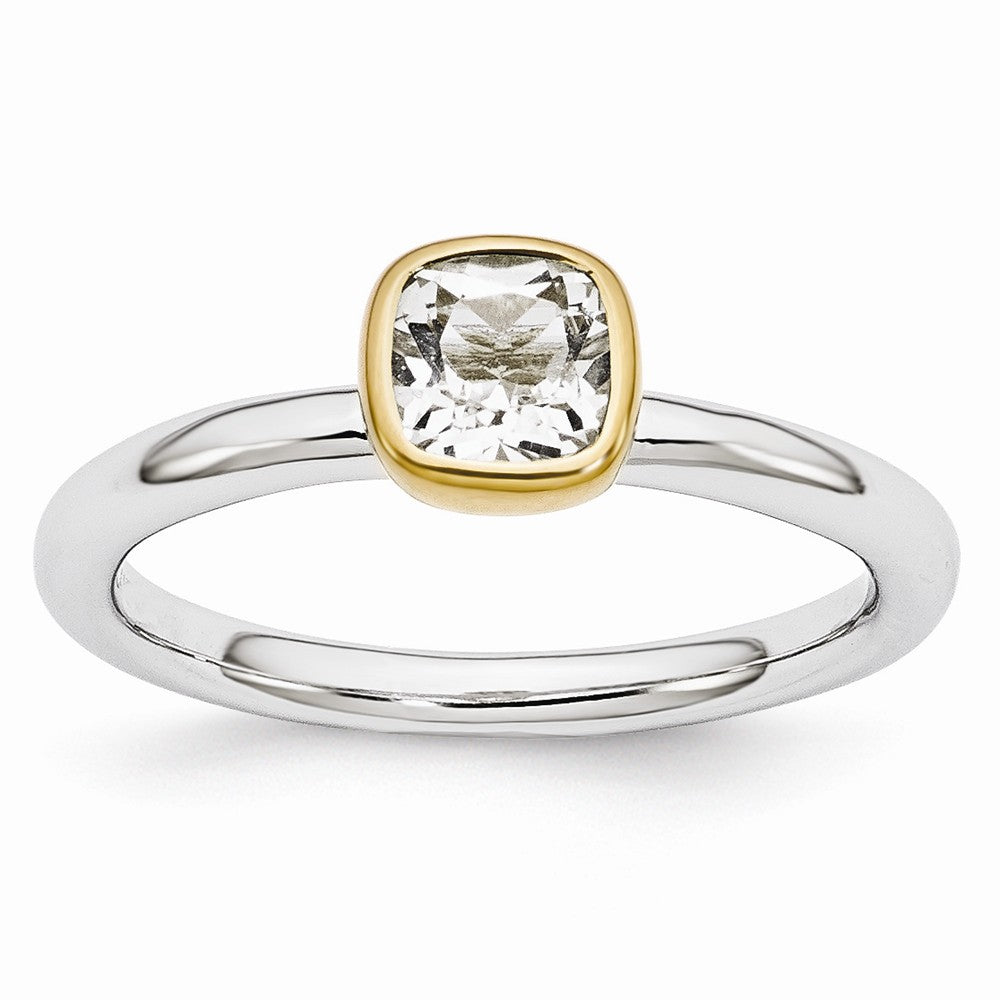 Two Tone Sterling Silver Stackable 5mm Cushion White Topaz Ring, Item R11010 by The Black Bow Jewelry Co.